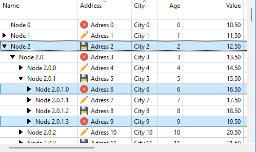 TableView control on Windows displaying hierarchical data in tree mode.