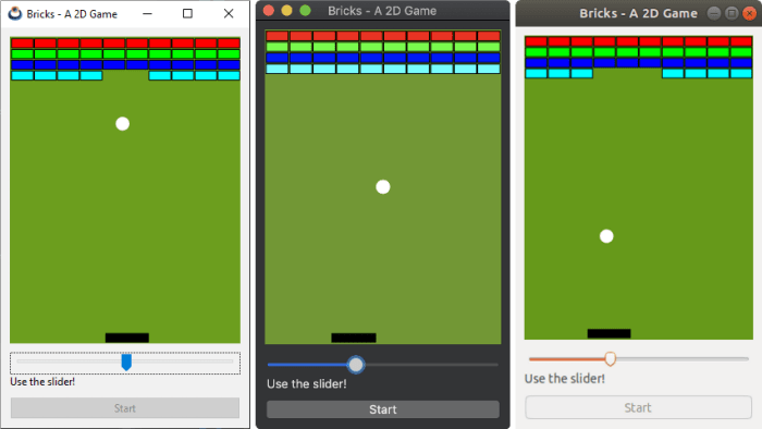 Captura del juego bricks, imitación del Atari Breakout.