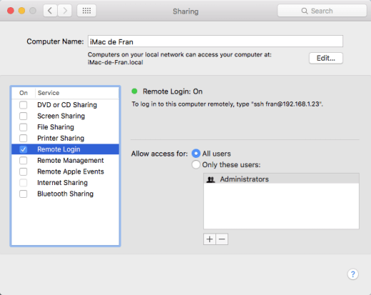 Captura de las opciones SSH en macOS.