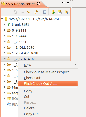 Pestaña SVN Repositories dentro de Eclipse, con diferentes ramas para hacer checkout.