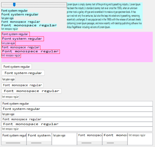 Different GUI elements where the font width has been changed.
