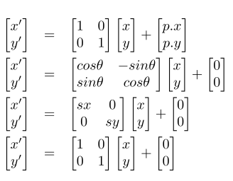 Translation, Rotation, Scaling and Identity.