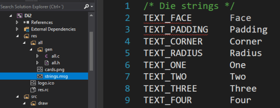 Captura de Visual Studio editando un archivo de mensajes.