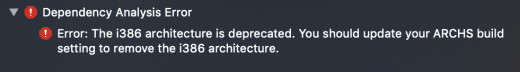 Mensaje de error en Xcode 10 al compilar en 32bits.
