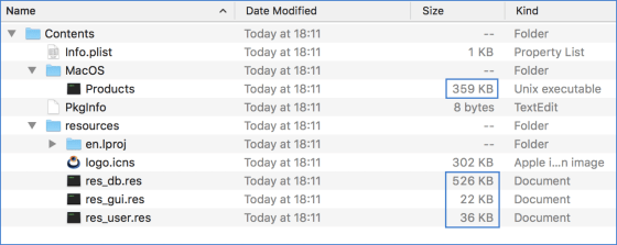 Captura de la distribución macOS con recursos empaquetados.