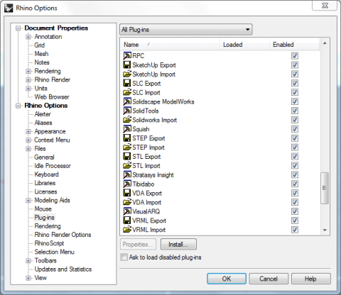 Capture of the list of plug-ins of the Rhinoceros 3D program.