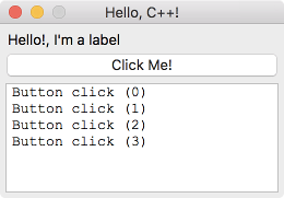 Screenshot of the program Hello, world! in C++, macOS version.